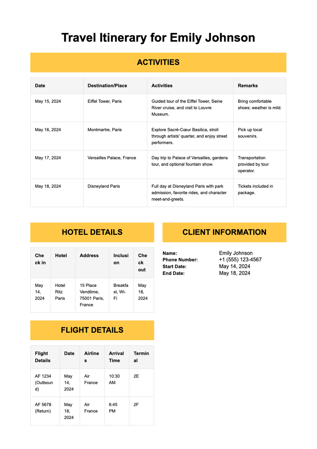 Vacation itinerary template with client flight hotel and activities details_variant_2